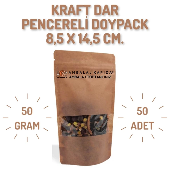 8,5x14,5 cm. Kraft Dar Pencereli Doypack - 50 Adet ürün görseli 1