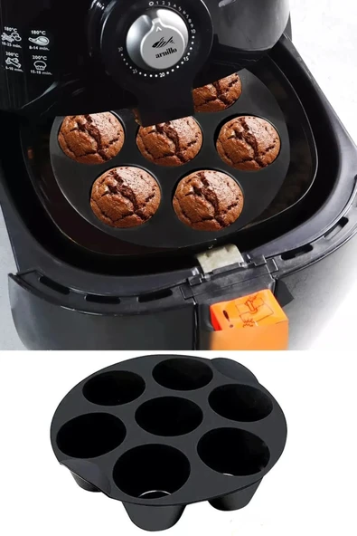 Airfryer Silikon Muffin Kek Kalıbı 7 Gözlü Hava Fritözü Kek Ve Çörek Pişirme Kalıbı Siyah ürün görseli 1