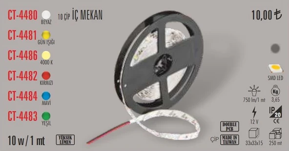 Cata CT-4480 5 M 10 Çip İç Mekan Çeşitleri Şerit Led 408152419 Kırmızı ürün görseli 1