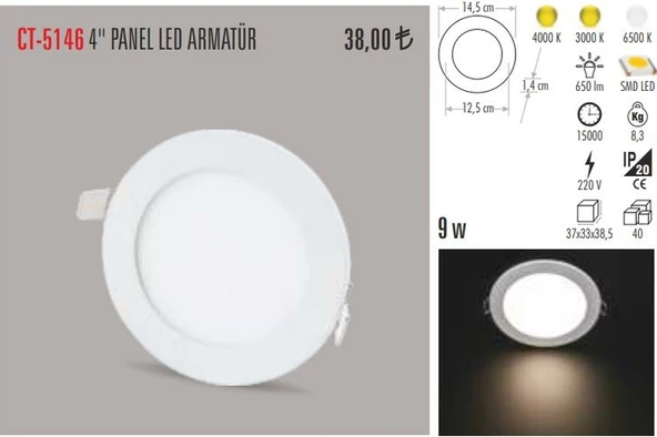Cata Ct-5146 9 Watt Slim Led Panel Alüminyum - Beyaz Işık ürün görseli 1