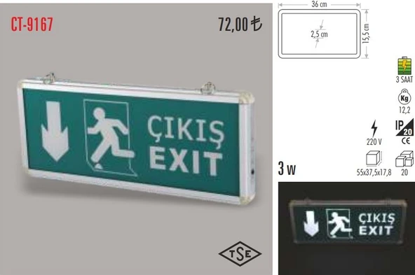 Cata Ct-9167 Acil Çıkış Exit Yönlendirme Armatür Levhası Led Yeşil ürün görseli 1