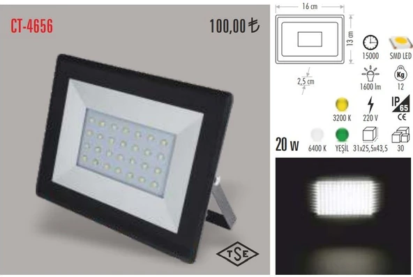 Cata Ct-4656 20 Watt Slim Led Projektör Beyaz Işık N11.560 ürün görseli 1