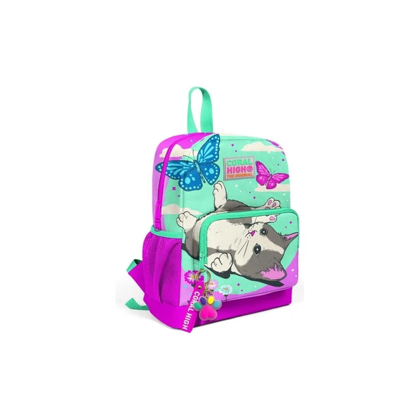 Coral High Kids Su Yeşili Pembe Kedi Desenli Iki Bölmeli Okul Sırt Çantası 23607 ürün görseli 1