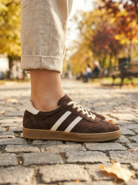 Potinonline 810 Kadın Hakiki Deri Süet Yanı Çizgili Sneaker Ayakkabı ürün görseli 1