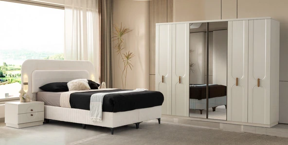 Zerka concept Manama Mdf Membran 6 Kapaklı Gardırop Ve Yatak Odası Takımı - Başlık Dahil - Baza Hariç Beyaz ürün görseli 1