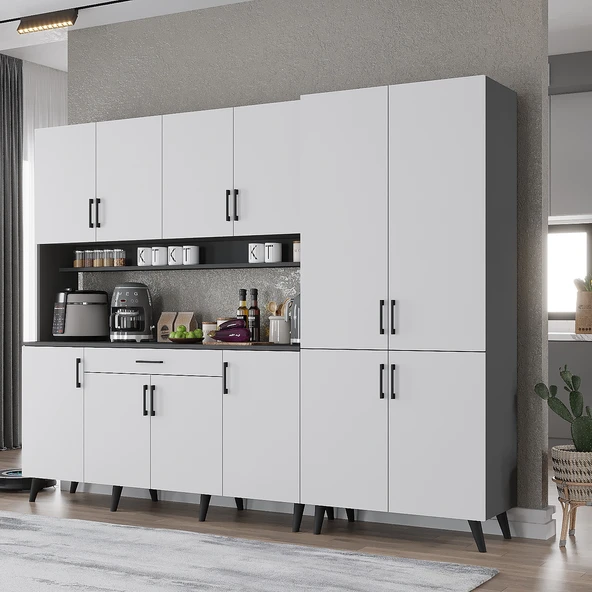 Zerka concept Gale Kahve Köşesi Çok Amaçlı Dolap Kiler Mutfak Dolabı Füme Beyaz 210cm Antrasit - Beyaz ürün görseli 1