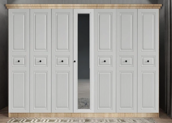 Zerka concept Arona Membran 7 Kapaklı Gardırop Montaj Dahil Meşe Beyaz 245 Cm ürün görseli 1