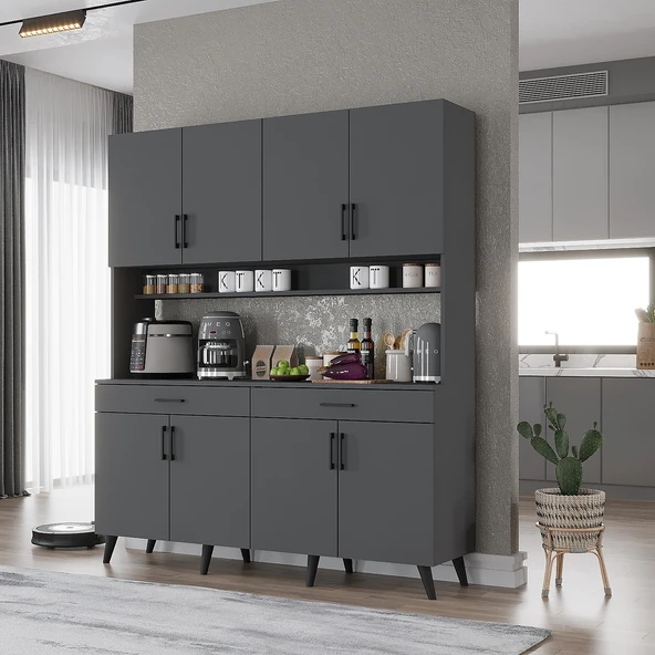 Zerka concept Denze Kahve Köşesi Çok Amaçlı Dolap Kiler Mutfak Dolabı Füme 140 Cm Antrasit ürün görseli 1