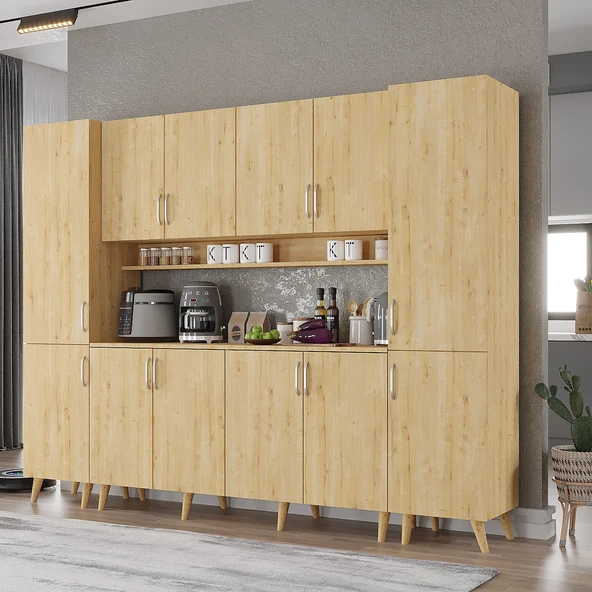 Zerka concept Della Kahve Köşesi Çok Amaçlı Dolap Kiler Mutfak Dolabı Meşe 210cm Meşe ürün görseli 1