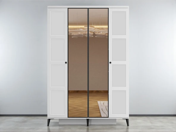 Zerka concept Birce 4 Kapaklı Çekmeceli Mdf Membran Dolap Reflekte Cam Gardırop Beyaz ürün görseli 1