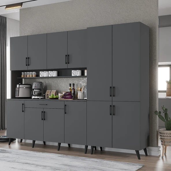 Zerka concept Gale Kahve Köşesi Çok Amaçlı Dolap Kiler Mutfak Dolabı Füme 240cm Antrasit ürün görseli 1