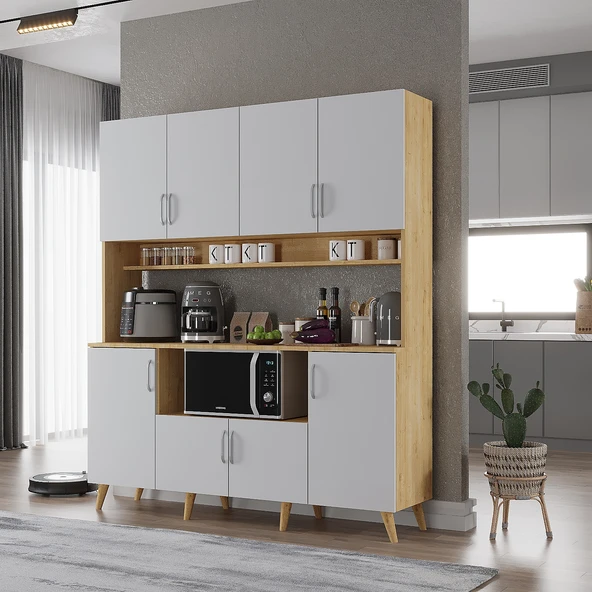 Zerka concept Nora Kahve Köşesi Çok Amaçlı Dolap Kiler Mutfak Dolabı Meşe Beyaz 160cm Meşe Beyaz ürün görseli 1