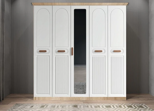 Zerka concept Varna Membran 5 Kapaklı Gardırop Montaj Dahil Meşe Beyaz 200 Cm ürün görseli 1
