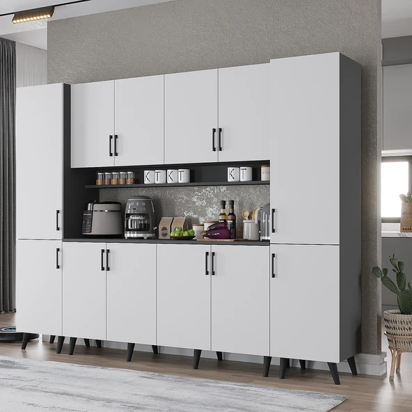 Zerka concept Della Kahve Köşesi Çok Amaçlı Dolap Kiler Mutfak Dolabı Füme Beyaz 240cm Antrasıt - Beyaz ürün görseli 1