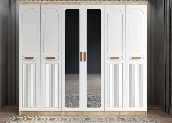 Zerka concept Morgan Membran 6 Kapaklı Gardırop Montaj Dahil Meşe Beyaz 240 Cm ürün görseli 1