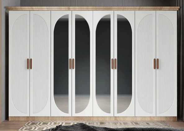 Zerka concept Foster Membran 8 Kapaklı Gardırop Montaj Dahil Meşe Beyaz 320 Cm ürün görseli 1