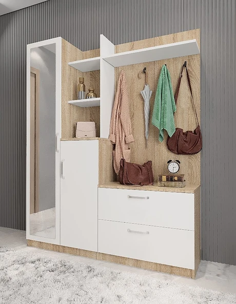 Zerka concept Çizgi Portmanto Vestiyer Meşe Beyaz-140 cm ürün görseli 1
