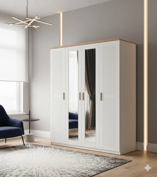 Zerka concept Petunya Mdf Membranlı 4 Kapaklı Gardırop Dolap Beyaz ürün görseli 1