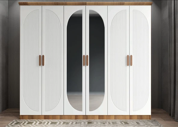 Zerka concept Lorin Membran 6 Kapaklı Gardırop Montaj Dahil Ceviz Beyaz 240 Cm ürün görseli 1