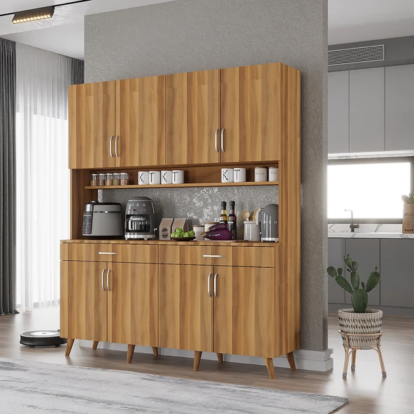 Zerka concept Denze Kahve Köşesi Çok Amaçlı Dolap Kiler Mutfak Dolabı Ceviz 140cm Ceviz ürün görseli 1