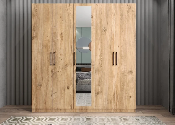 Zerka concept Kristal 5 Kapaklı Dolap  Gardırop Çam - Ücretsiz Kurulum 150 CM ürün görseli 1