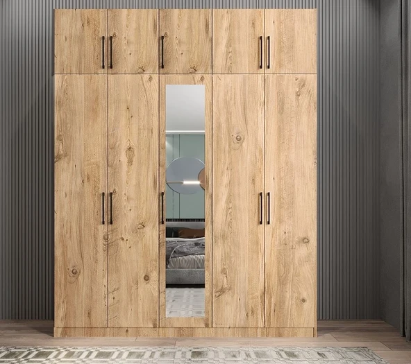 Zerka concept Soft 10 Kapaklı Yüklüklü Gizli Çekmeceli Gardırop Dolap Çam 175 Cm Ceviz ürün görseli 1