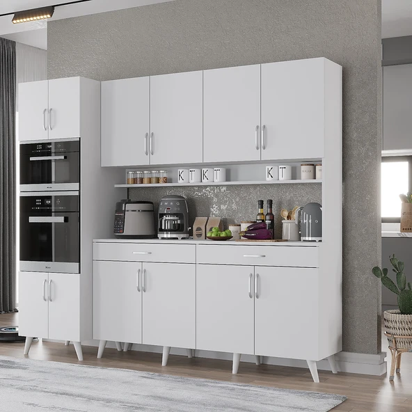 Zerka concept Lora Kahve Köşesi Çok Amaçlı Dolap Kiler Mutfak Dolabı Beyaz 220cm Beyaz ürün görseli 1