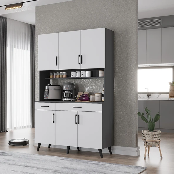 Zerka concept Maya Kahve Köşesi Çok Amaçlı Dolap Kiler Mutfak Dolabı Füme Beyaz 120cm Antrasıt - Beyaz ürün görseli 1