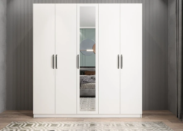 Zerka concept Kristal 5 Kapaklı Dolap Gardırop Beyaz - Ücretsiz Kurulum 150 CM ürün görseli 1