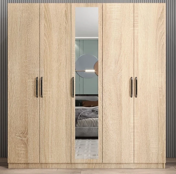 Zerka concept Kristal 5 Kapaklı Dolap Gardırop Meşe - Ücretsiz Kurulum 150 CM ürün görseli 1