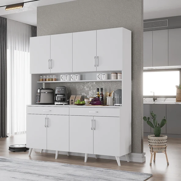 Zerka concept Denze Kahve Köşesi Çok Amaçlı Dolap Kiler Mutfak Dolabı Beyaz 140 Cm Beyaz ürün görseli 1