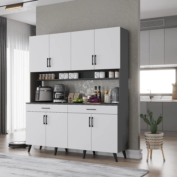 Zerka concept Denze Kahve Köşesi Çok Amaçlı Dolap Kiler Mutfak Dolabı Füme Beyaz 160 Cm Antrasit Beyaz ürün görseli 1