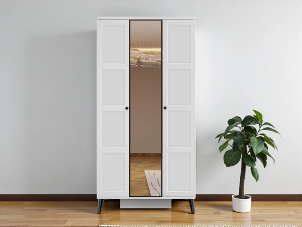 Zerka concept Birce 3 Kapaklı Çekmeceli Mdf Membran Dolap Reflekte Cam Gardırop Beyaz ürün görseli 1