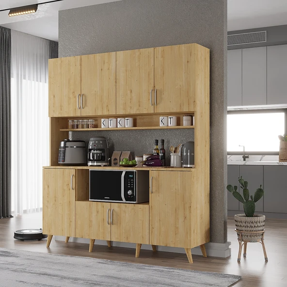Zerka concept Nora Kahve Köşesi Çok Amaçlı Dolap Kiler Mutfak Dolabı Meşe 160cm Meşe ürün görseli 1