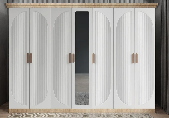Zerka concept Datça Membran 7 Kapaklı Gardırop Montaj Dahil Meşe Beyaz 280 Cm ürün görseli 1