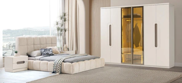 Zerka concept Hale Mdf Membran 6 Kapaklı Reflekte Camlı Gardırop Ve Yatak Odası Takımı Beyaz ürün görseli 1