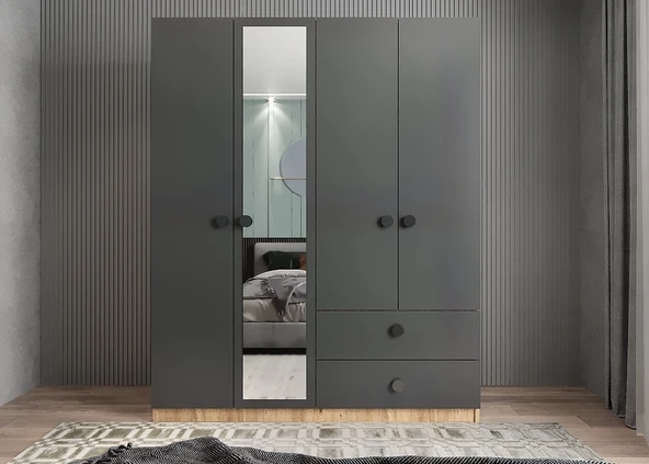 Zerka concept Point 4 Kapaklı Gardırop Dolap Füme Çam - Ücretsiz Kurulum 140 CM ürün görseli 1