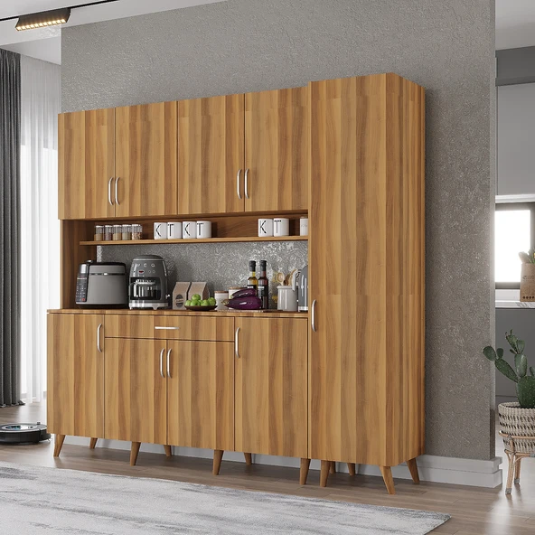 Zerka concept Zenit Kahve Köşesi Çok Amaçlı Dolap Kiler Mutfak Dolabı Ceviz 175cm Ceviz ürün görseli 1