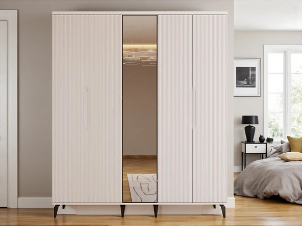 Zerka concept Mary 5 Kapaklı Çekmeceli Mdf Membran Dolap Reflekte Cam Gardırop Kumtaşı Kumtaşı ürün görseli 1