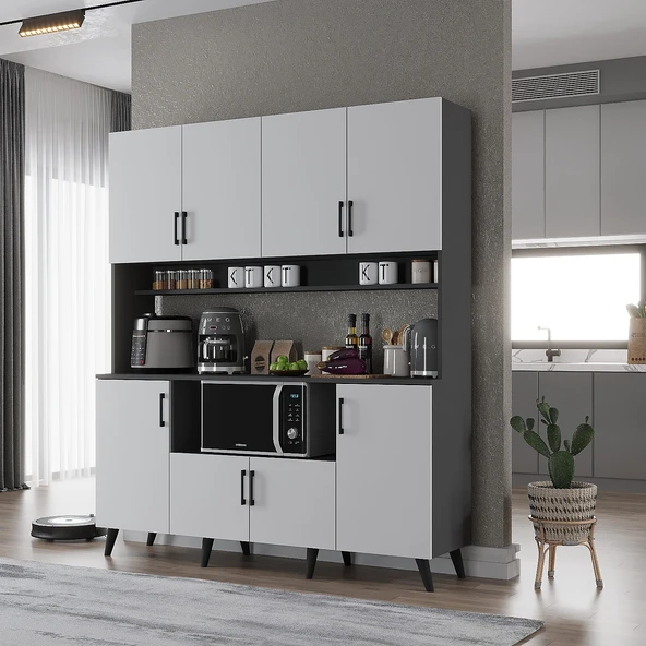 Zerka concept Nora Kahve Köşesi Çok Amaçlı Dolap Kiler Mutfak Dolabı Antrasit Beyaz 140 Cm Antrasit Beyaz ürün görseli 1
