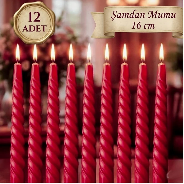 12 Adet Kıvrımlı Şamdan Mumu Kırmızı 16 cm | Dekoratif Uzun Mum Seti ürün görseli 1