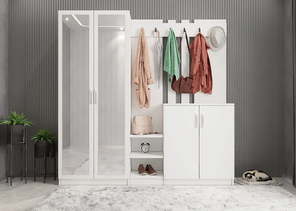Zerka concept Flora Aynalı Portmanto Vestiyer - Ücretsiz Kurulum - Beyaz 175 cm ürün görseli 1