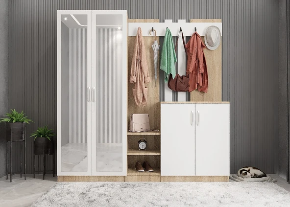 Zerka concept Flora Aynalı Portmanto Vestiyer - Ücretsiz Kurulum - Meşe Beyaz 175 cm ürün görseli 1