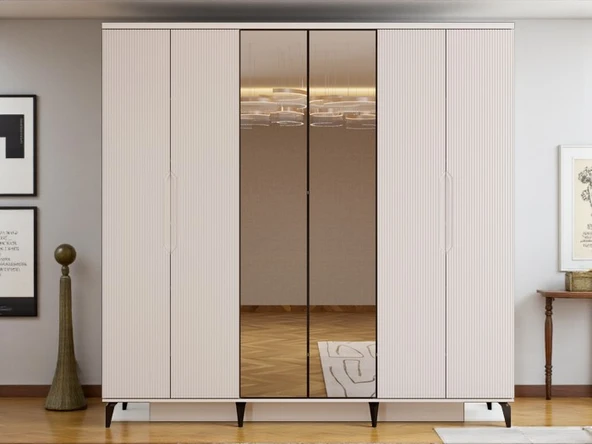 Zerka concept Mary 6 Kapaklı Tamamı Mdf Çekmeceli Dolap Reflekte Cam Gardırop Kumtaşı ürün görseli 1