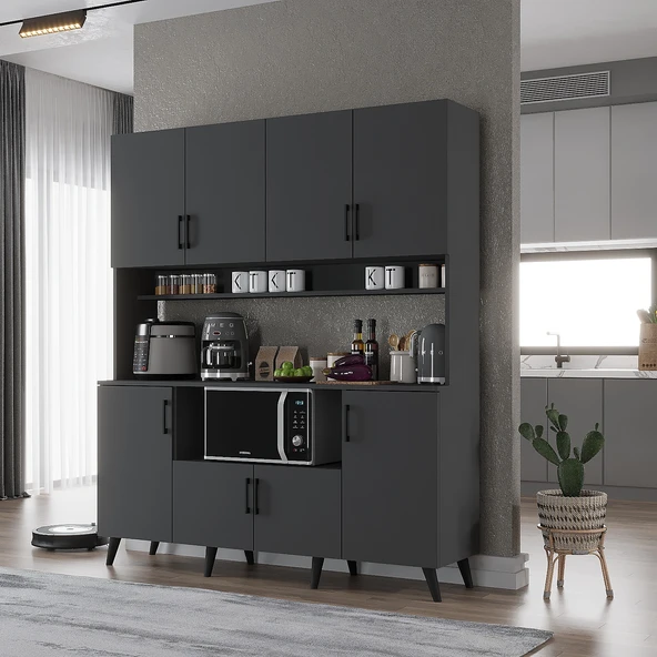 Zerka concept Nora Kahve Köşesi Çok Amaçlı Dolap Kiler Mutfak Dolabı Füme 160cm Antrasit ürün görseli 1