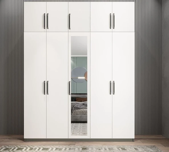 Zerka concept Soft 10 Kapaklı Yüklüklü Gizli Çekmeceli Gardırop Dolap Füme Beyaz 200 Cm Beyaz - Füme ürün görseli 1