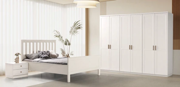 Zerka concept Nevra Mdf Membran 6 Kapaklı Gardırop Ve Yatak Odası Takımı Beyaz ürün görseli 1