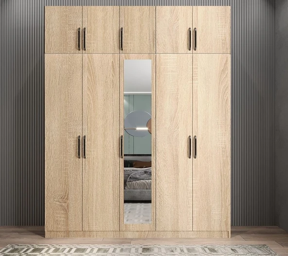 Zerka concept Soft 10 Kapaklı Yüklüklü Gizli Çekmeceli Gardırop Dolap Meşe 225 Cm Meşe ürün görseli 1