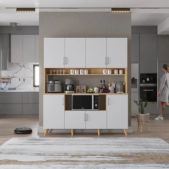 Zerka concept Nora Kahve Köşesi Çok Amaçlı Dolap Kiler Mutfak Dolabı Meşe Beyaz 140 Cm Meşe Beyaz ürün görseli 1