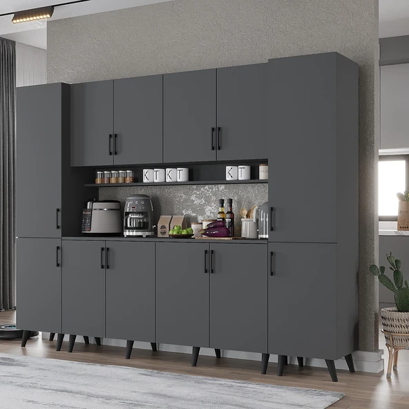 Zerka concept Della Kahve Köşesi Çok Amaçlı Dolap Kiler Mutfak Dolabı Füme 240cm Antrasit ürün görseli 1